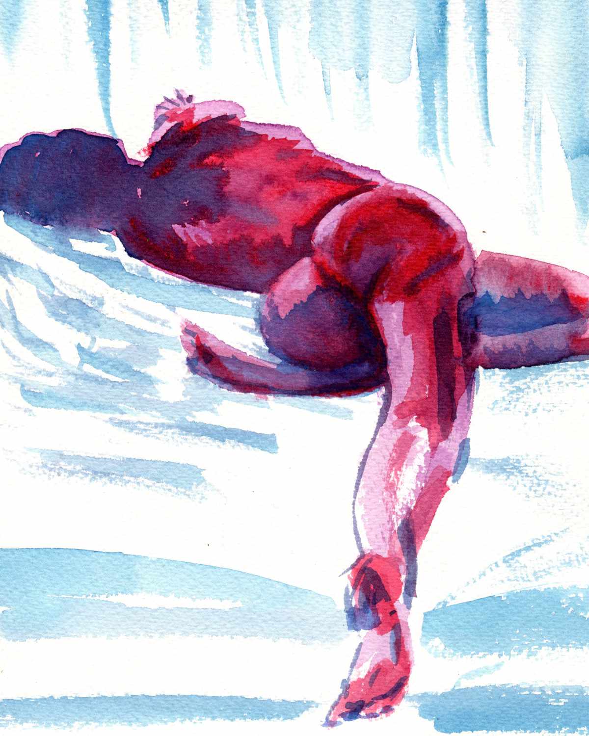 Watercolor figure painting from behind.