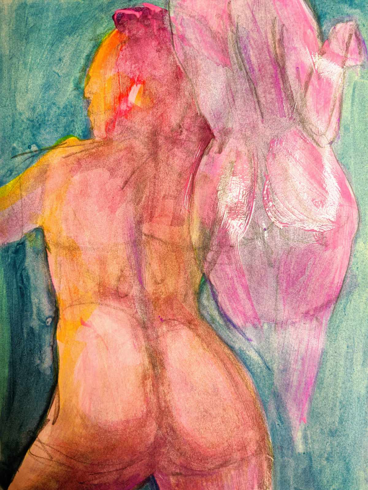 Watercolor figure painting. Man pissing on a flower.