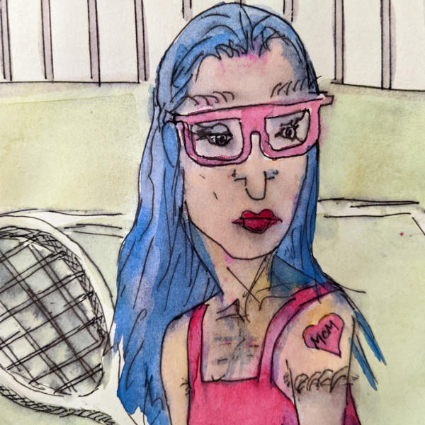 An illustration of a blue-haired queer woman playing tennis.