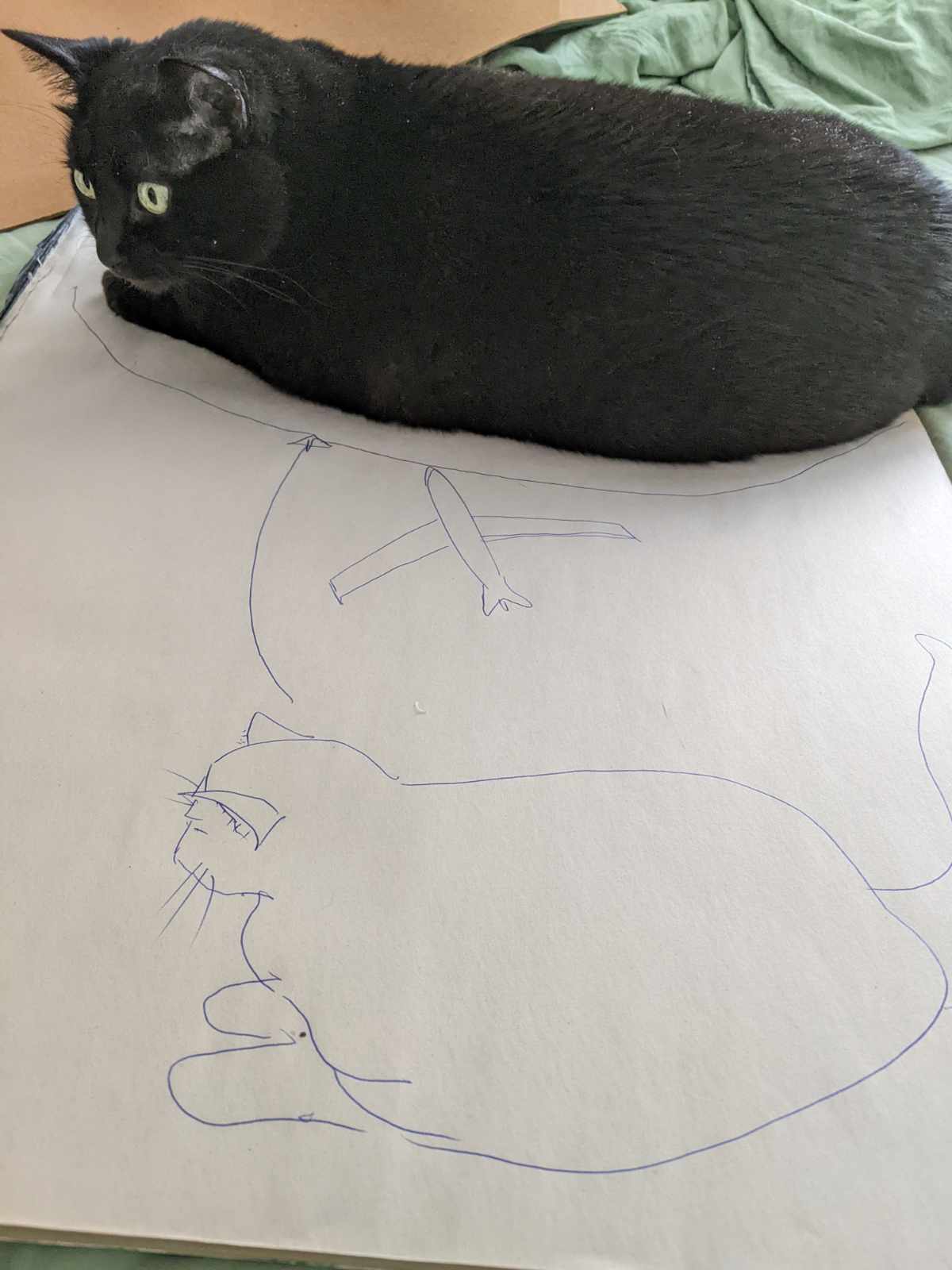 A black cat getting in the way of her servant's drawing session.