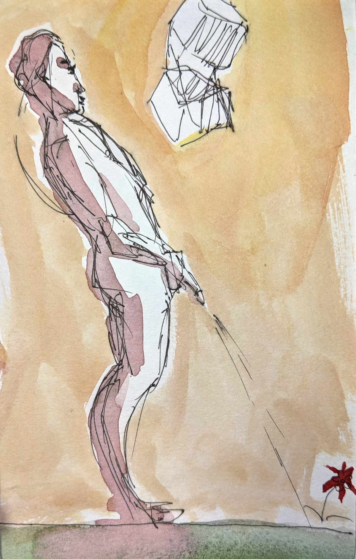 Watercolor figure painting. Man pissing on a flower.