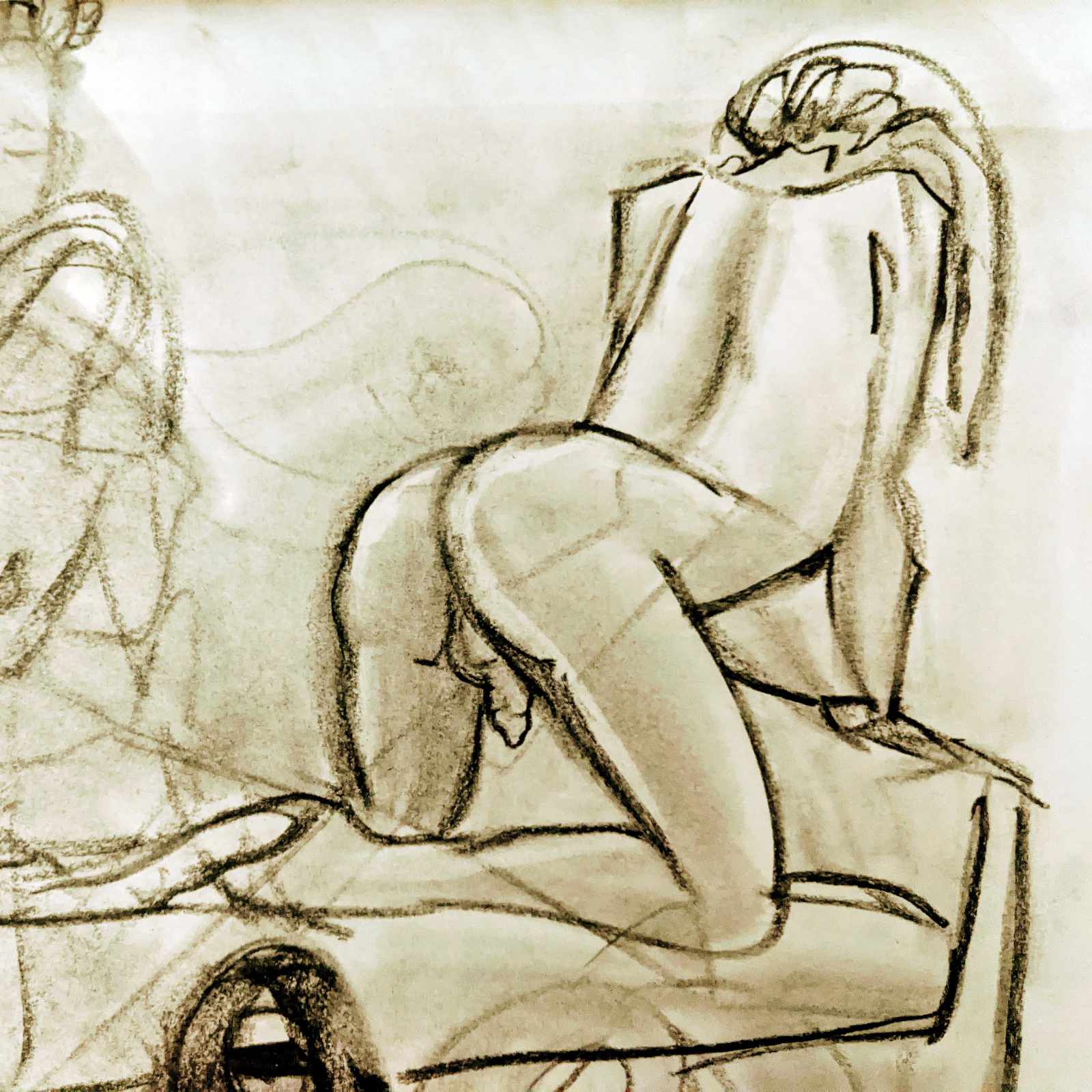 Charcoal drawing of nude male from behind.